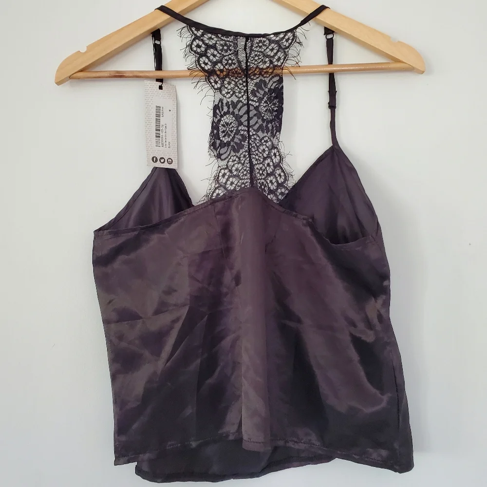 NWT NASTY GAL Sz M Black Silky Cami Top Spaghetti Straps Eyelash Lace T-Back Y2K - Picture 11 of 16
